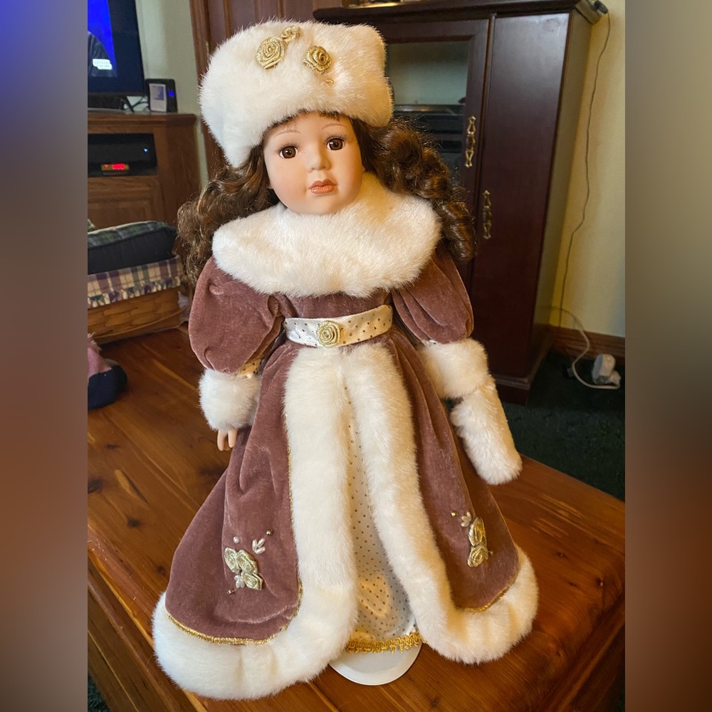 Charming Doll in brown, purple beautiful dress with white fur hat, puff for hand